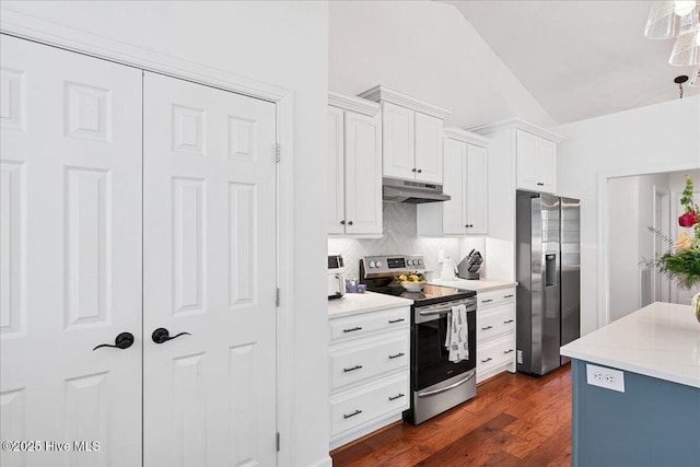 kitchen featuring dark wood-style flooring, stainless steel appliances, decorative backsplash, vaulted ceiling, and under cabinet range hood