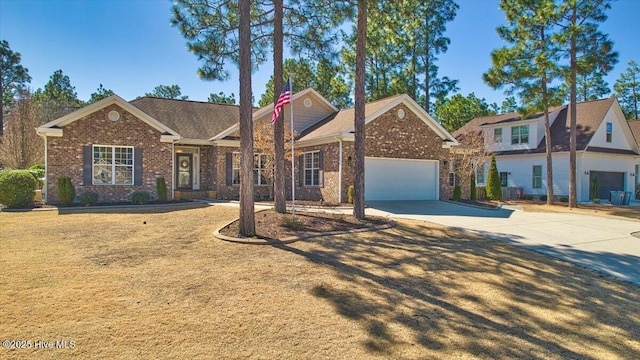 view of front of house with concrete driveway, an attached garage, brick siding, and a front lawn