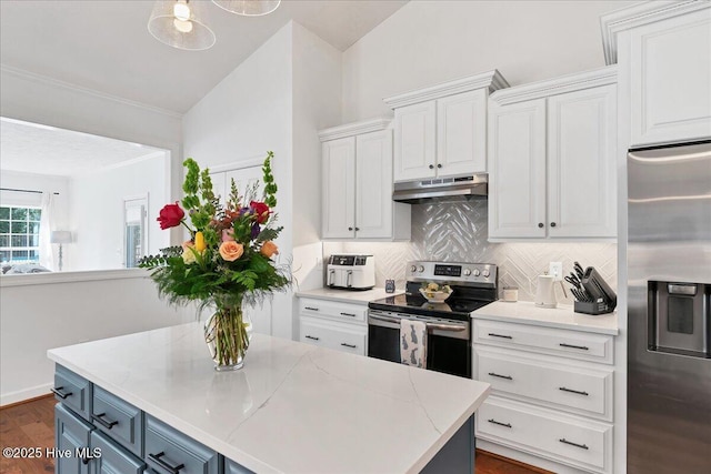 kitchen featuring dark wood-type flooring, under cabinet range hood, white cabinetry, appliances with stainless steel finishes, and decorative backsplash