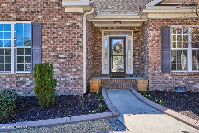 entrance to property with crawl space, brick siding, and roof with shingles