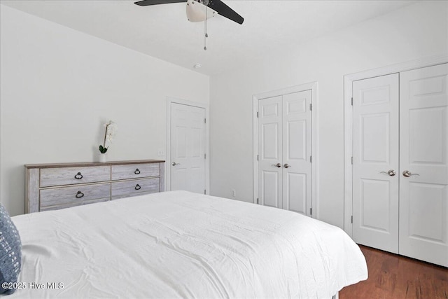 bedroom with ceiling fan, two closets, and dark wood finished floors