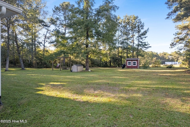 view of yard featuring an outbuilding and a storage unit