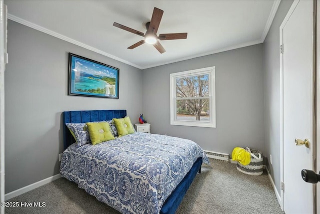 carpeted bedroom featuring ceiling fan, baseboards, baseboard heating, and crown molding