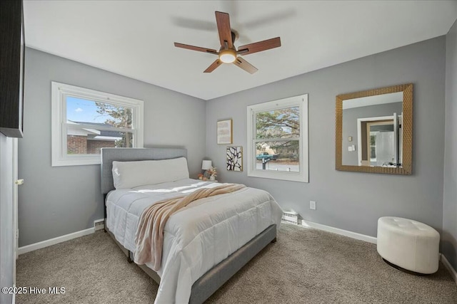 bedroom featuring carpet, ceiling fan, and baseboards