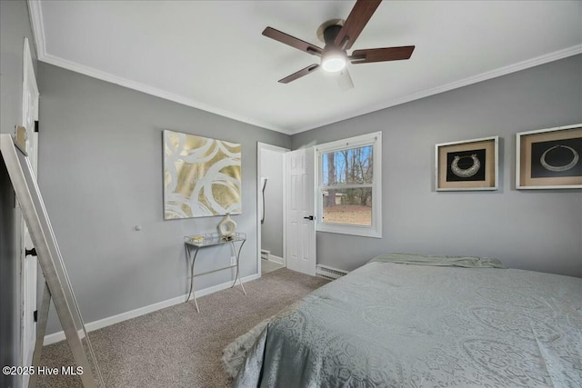 bedroom with baseboards, a ceiling fan, a baseboard radiator, ornamental molding, and carpet floors