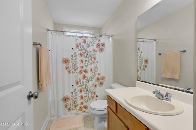 full bath featuring curtained shower, vanity, toilet, and tile patterned floors