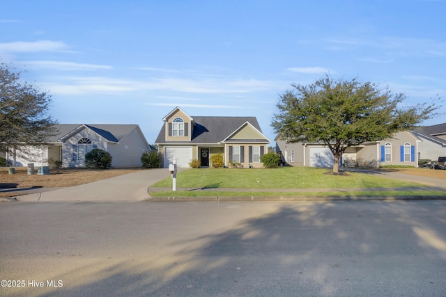 view of front of property featuring a garage, concrete driveway, and a front lawn