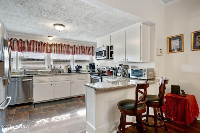 kitchen with a peninsula, a toaster, white cabinets, and stainless steel appliances