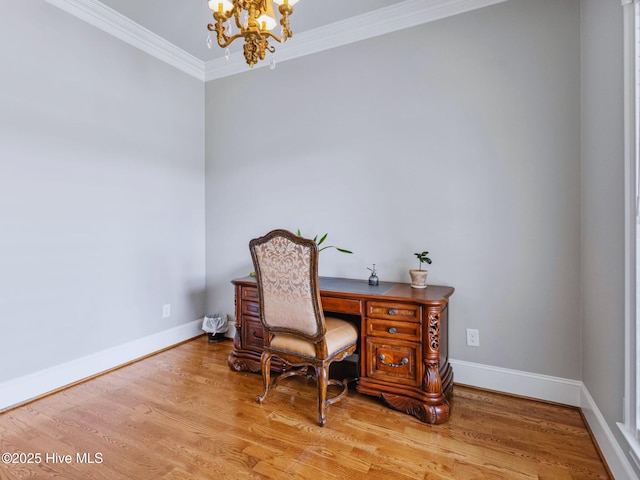 office space with baseboards, an inviting chandelier, wood finished floors, and crown molding