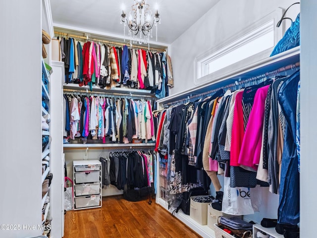 walk in closet featuring a chandelier and wood finished floors