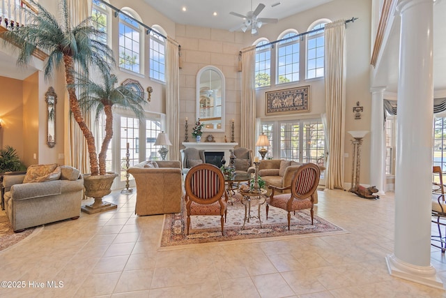 building lobby featuring a towering ceiling and recessed lighting