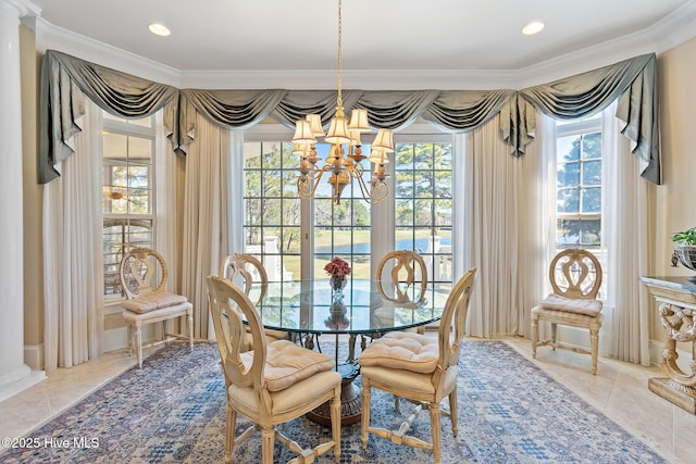 dining area with plenty of natural light, a chandelier, light tile patterned floors, crown molding, and recessed lighting