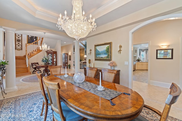 dining space with light tile patterned floors, a chandelier, stairway, arched walkways, and crown molding