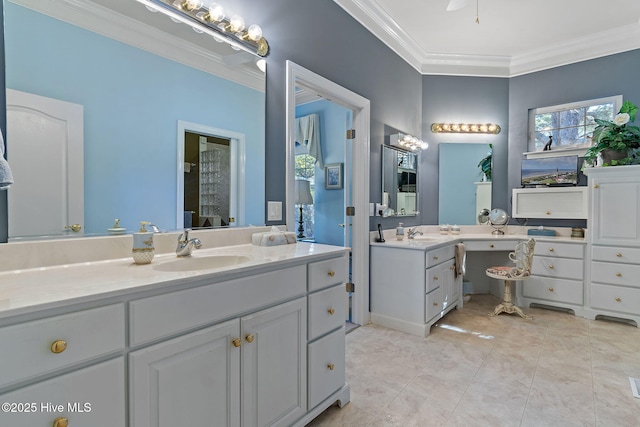 full bath with crown molding, two vanities, and tile patterned floors