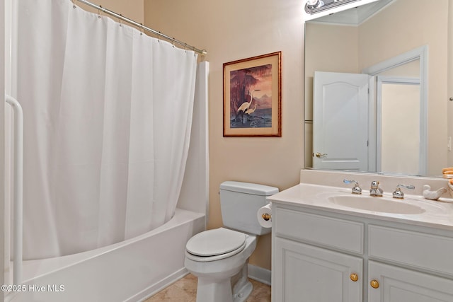 bathroom featuring toilet, vanity, and shower / bath combination with curtain