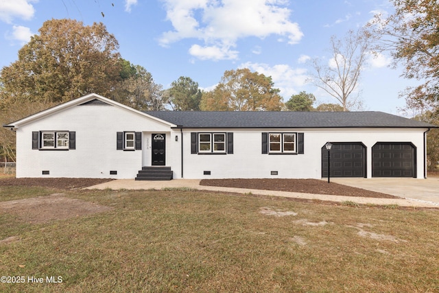 ranch-style house with a garage, brick siding, driveway, crawl space, and a front lawn