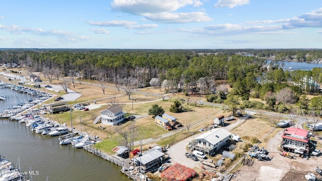 bird's eye view with a wooded view and a water view