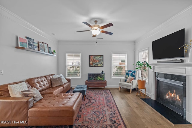 living room featuring a wealth of natural light, wood finished floors, a high end fireplace, and crown molding