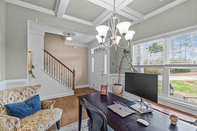 home office with coffered ceiling, ornamental molding, wood finished floors, beamed ceiling, and a chandelier