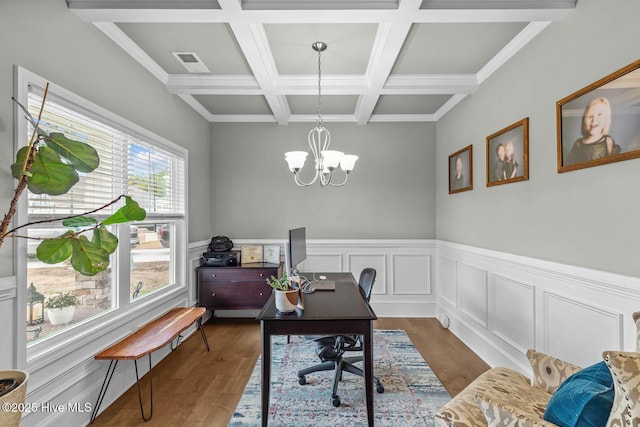 office space featuring beam ceiling, a notable chandelier, visible vents, dark wood-type flooring, and coffered ceiling