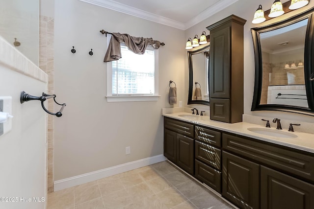 full bathroom featuring ornamental molding, a sink, baseboards, and double vanity