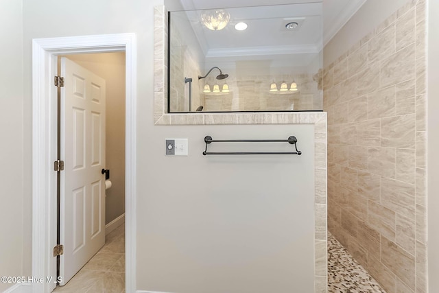 bathroom with ornamental molding, walk in shower, and tile patterned floors