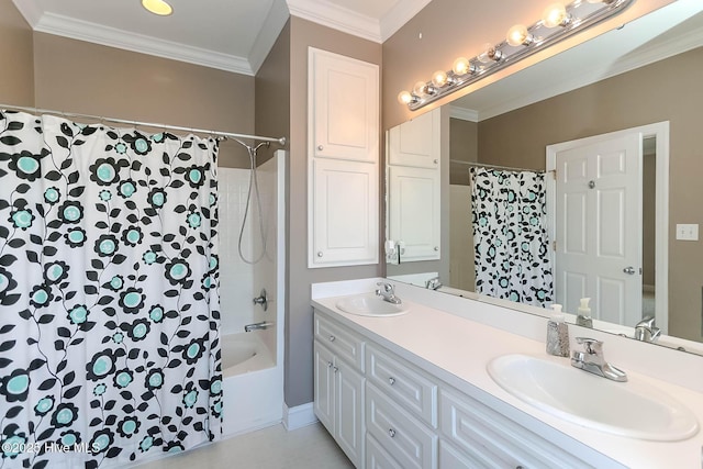 full bathroom with double vanity, shower / tub combo, a sink, and crown molding