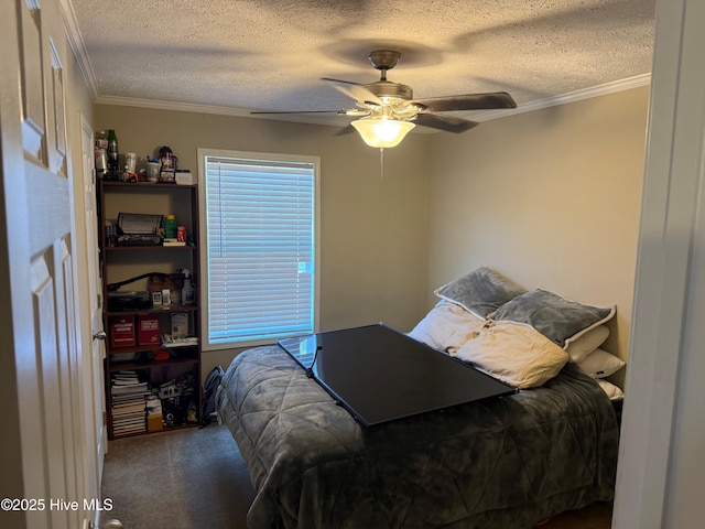 carpeted bedroom with a textured ceiling, a ceiling fan, crown molding, and multiple windows