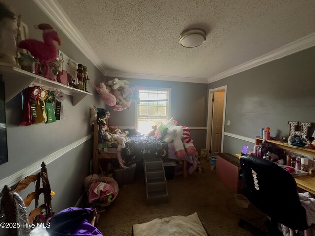 bedroom with crown molding, carpet floors, and a textured ceiling