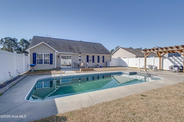 view of swimming pool featuring a fenced in pool, a patio, a fenced backyard, and a pergola