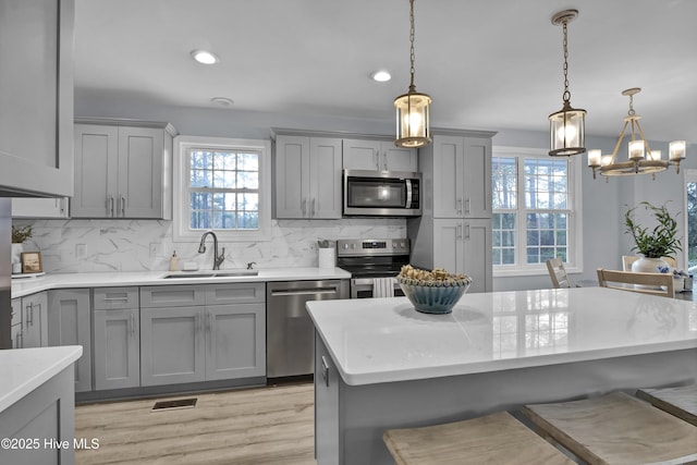 kitchen featuring appliances with stainless steel finishes, a kitchen bar, a sink, and gray cabinetry