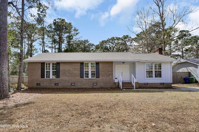 single story home featuring a shingled roof, crawl space, a chimney, and fence