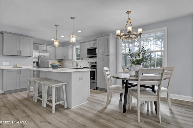 kitchen featuring stainless steel appliances, gray cabinets, light countertops, decorative backsplash, and a kitchen island