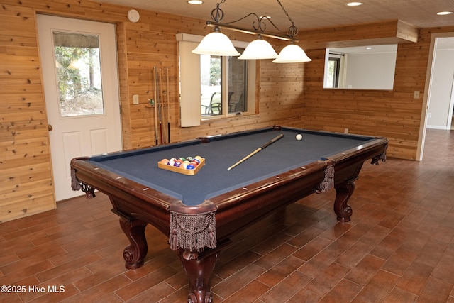 rec room with recessed lighting, pool table, wood walls, and wood tiled floor