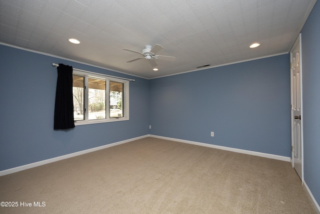 empty room featuring recessed lighting, visible vents, baseboards, and carpet floors