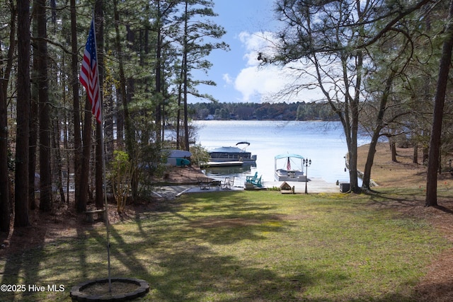 view of yard featuring a water view and a dock