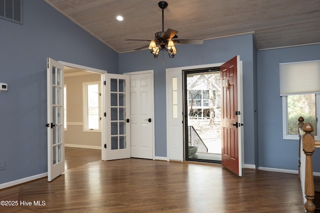 interior space featuring visible vents, wood ceiling, lofted ceiling, french doors, and dark wood-style floors