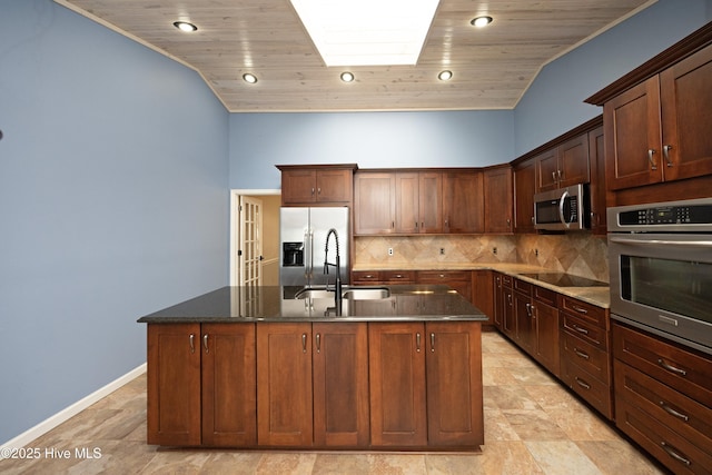 kitchen featuring backsplash, appliances with stainless steel finishes, wooden ceiling, and a sink