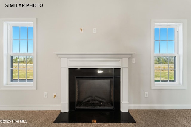 interior details with carpet flooring, baseboards, and a fireplace with flush hearth