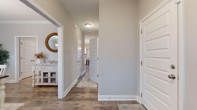 foyer featuring baseboards, wood finished floors, and ornamental molding