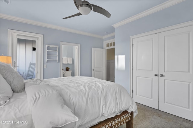 bedroom featuring visible vents, a ceiling fan, crown molding, carpet floors, and a closet