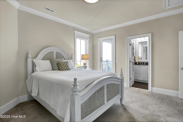 carpeted bedroom with ornamental molding, visible vents, and baseboards