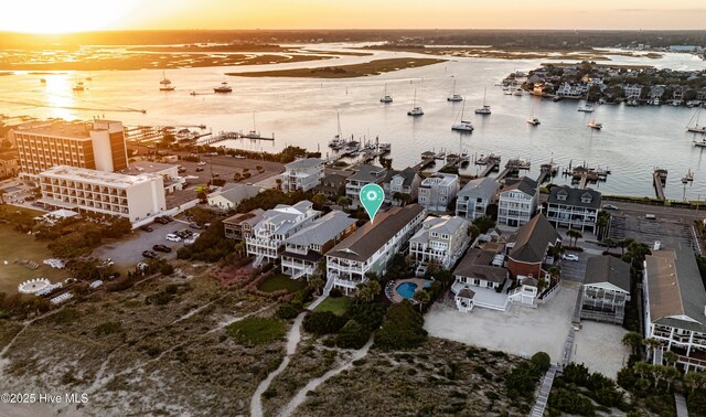 drone / aerial view with a water view