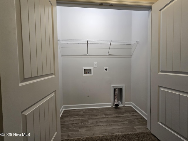 laundry room with laundry area, dark wood-type flooring, washer hookup, baseboards, and electric dryer hookup