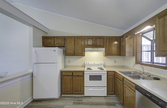 kitchen featuring light countertops, vaulted ceiling, a sink, white appliances, and under cabinet range hood