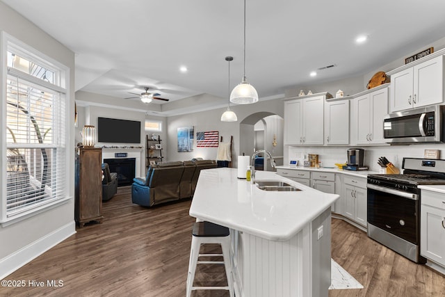 kitchen with a sink, dark wood finished floors, arched walkways, appliances with stainless steel finishes, and ceiling fan