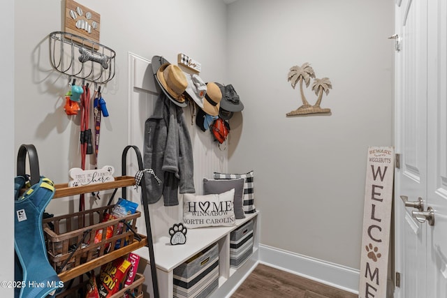 mudroom with dark wood-type flooring and baseboards