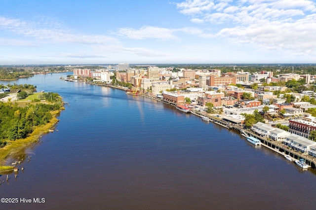 bird's eye view with a water view and a city view