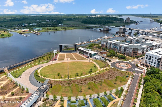 drone / aerial view featuring a water view