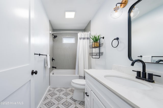 full bathroom featuring toilet, shower / bath combo, and vanity